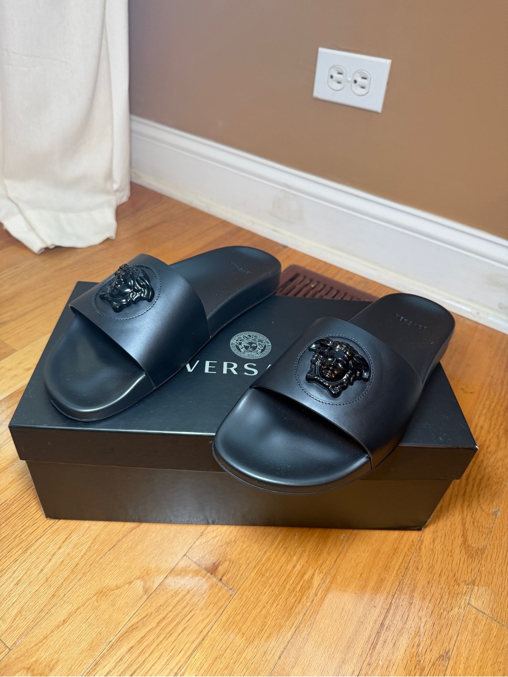 Men’s Black Versace Slides with Black Medusa Emblem Size 43